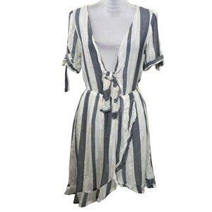 Vintage Havana Striped Mini Dress Medium Gray White Tie Front Short Sleeve